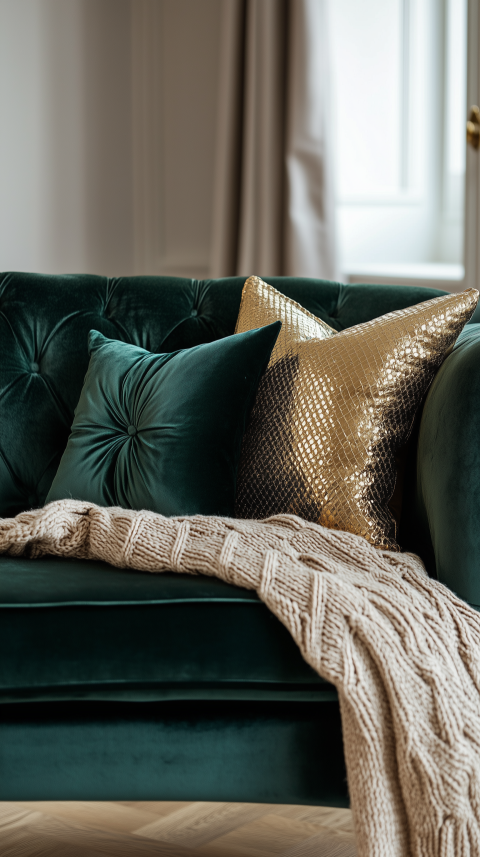 Modern Velvet Sofa with Knitted Throw and Metallic Accents