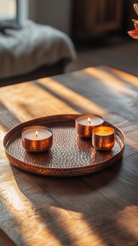 Cozy Rustic Coffee Table with Copper Tray and Beeswax Candles