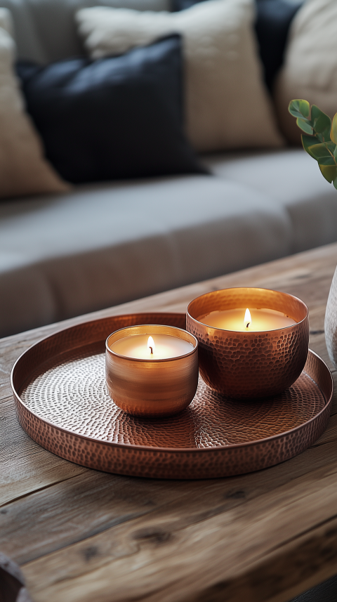 Earthy Rustic Coffee Table with Copper Tray and Candles