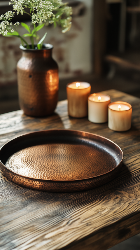 Warm Rustic Coffee Table with Copper Tray and Beeswax Candles