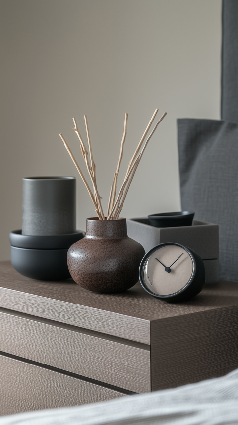 Sleek Bedside Table with Minimalist Clock and Ceramic Diffuser