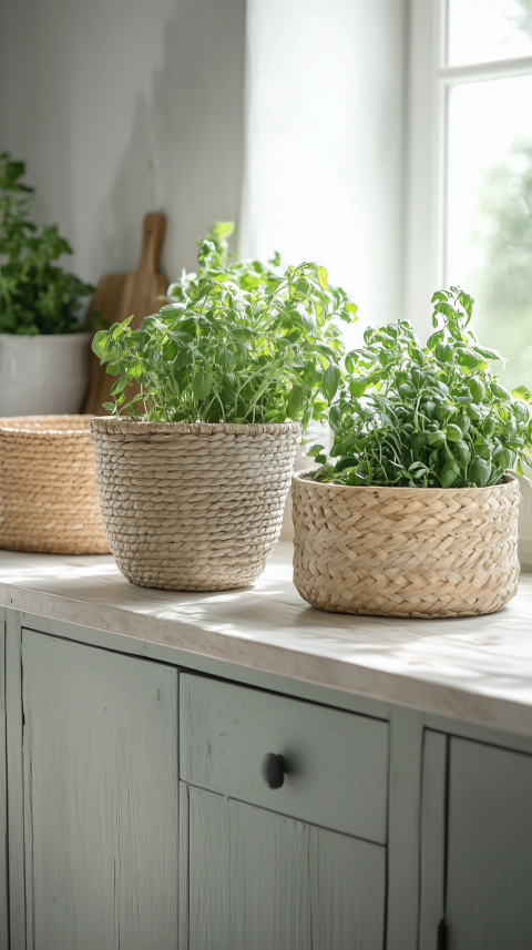 Farmhouse Kitchen Island with Woven Baskets and Fresh Herbs