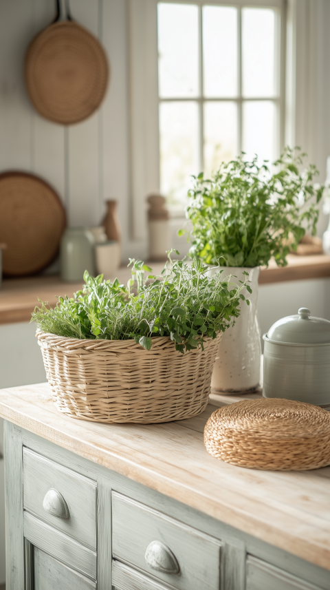 Cozy Farmhouse Kitchen Island with Woven Baskets and Herbs