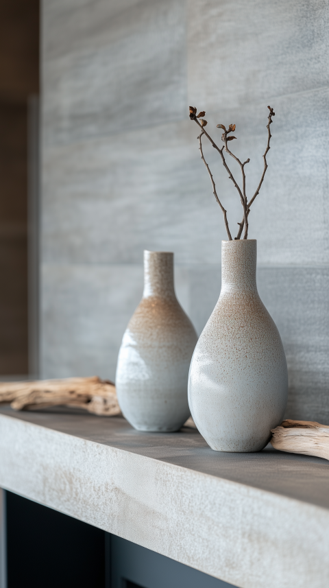 Calming Fireplace Mantel with Ceramic Vases and Driftwood Accents