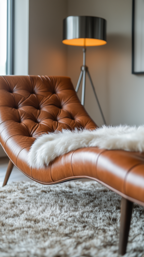 Luxurious Leather Chaise Lounge with Sheepskin Rug and Steel Lamp
