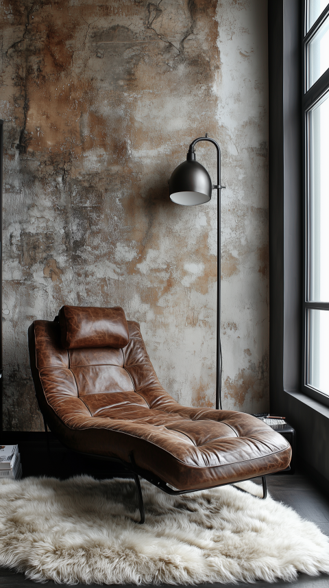 Sophisticated Leather Chaise Lounge with Sheepskin Rug and Steel Lamp