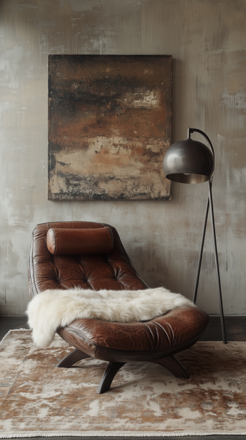 Modern Leather Chaise Lounge with Sheepskin Rug and Steel Lamp