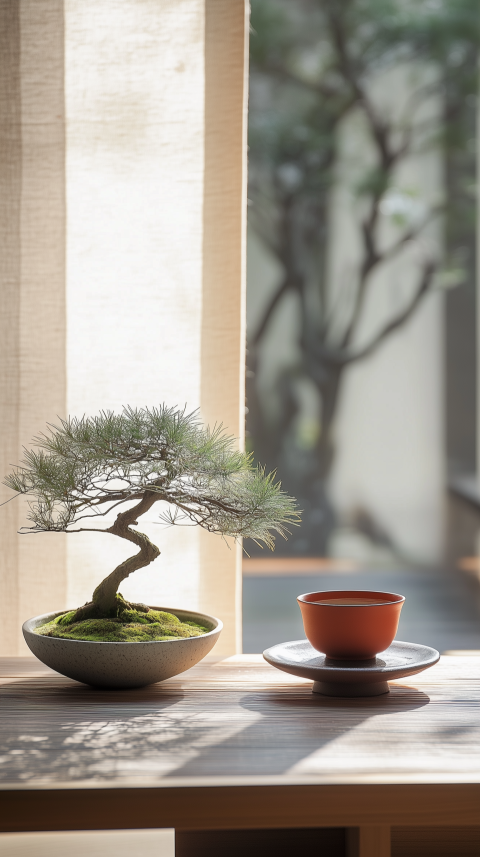 Japanese-Inspired Low Table with Bonsai Tree and Stoneware Teacup