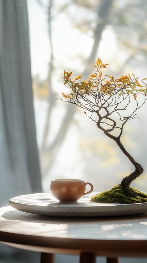 Zen Low Table with Bonsai Tree and Stoneware Teacup