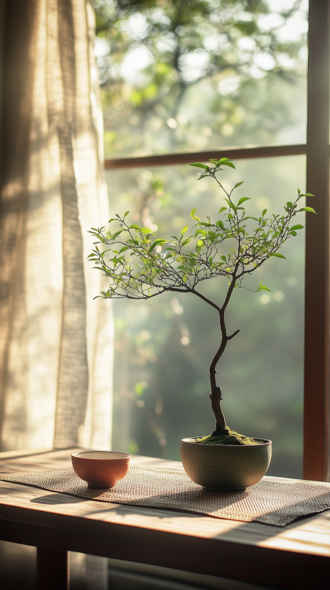 Minimalist Low Table with Bonsai Tree and Stoneware Teacup