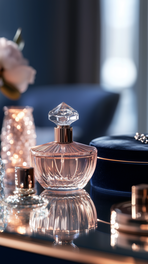 Luxurious Vanity Table with Crystal Perfume Bottle and Velvet Box