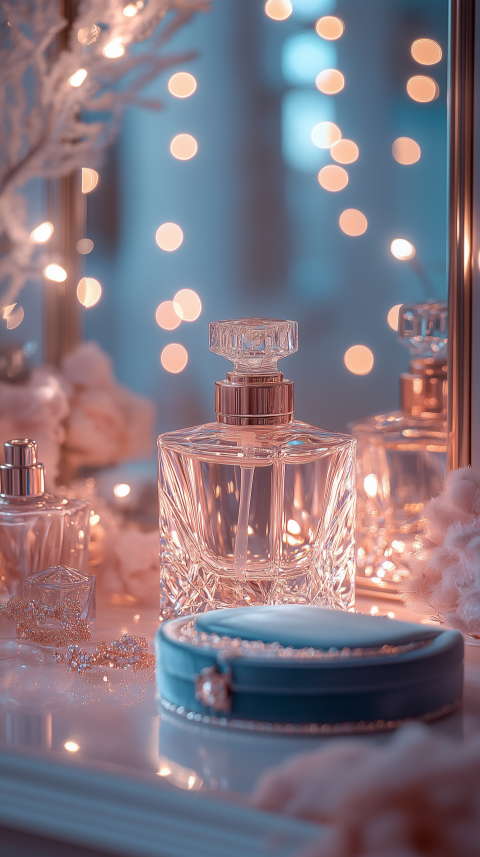 Modern Vanity Table with Crystal Perfume Bottle and Velvet Box Details