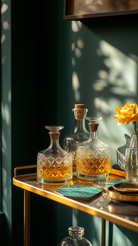 Vibrant Retro Bar Cart with Glass Decanters and Coasters