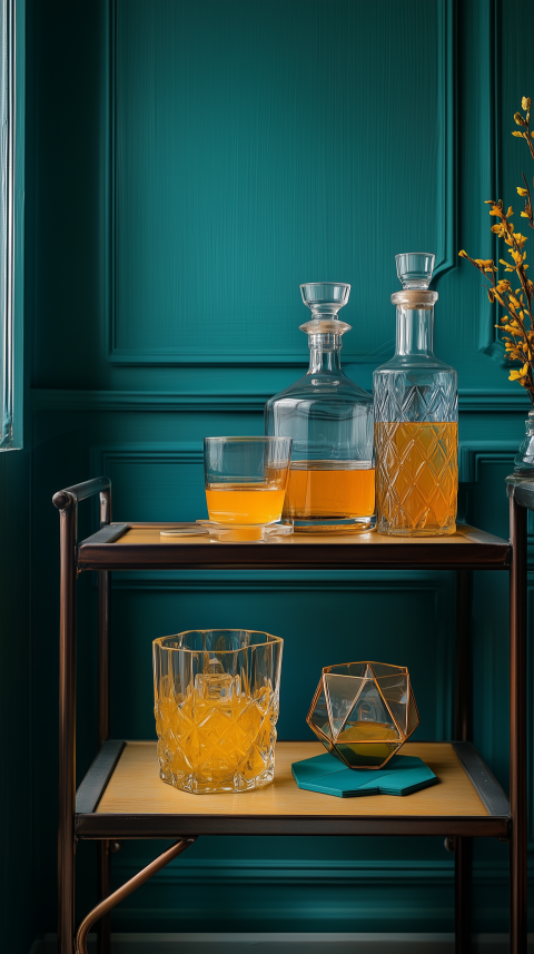 Stylish Retro Bar Cart with Glass Decanters and Geometric Coasters