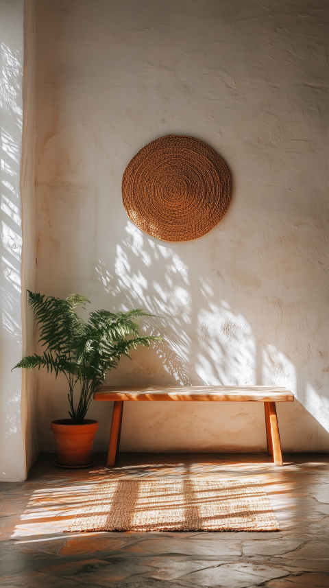Minimalist Entryway Bench with Woven Wall Hanging and Potted Fern