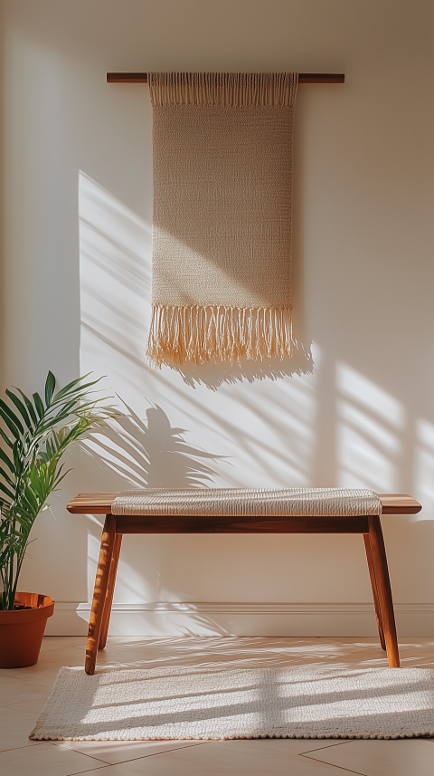 Stylish Entryway Bench with Woven Wall Hanging and Potted Fern