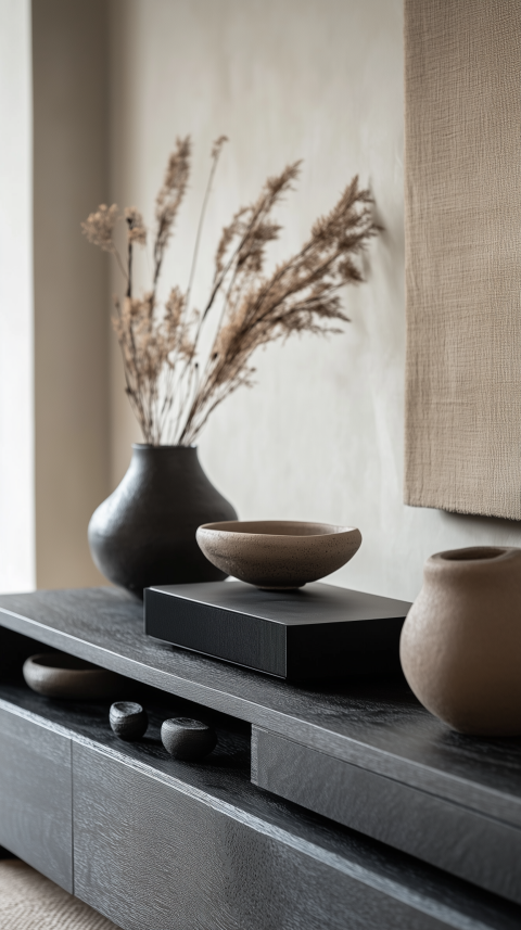 Functional Media Console with Soundbar and Pottery Details