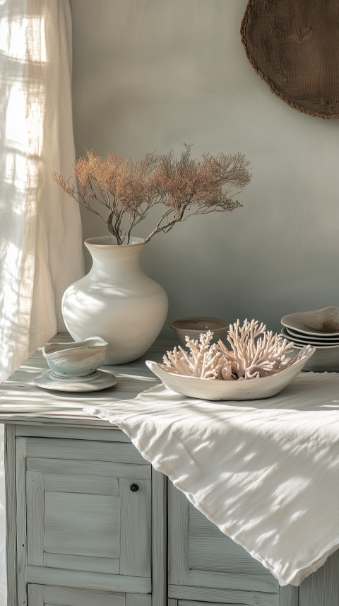 Calming Coastal Sideboard with Coral Artifacts and Linen Runners