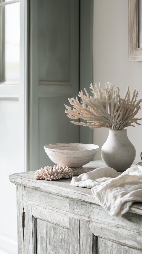 Stylish Coastal Sideboard with Coral Artifacts and Linen Runners