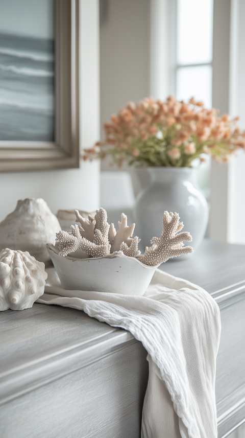 Balanced Coastal Sideboard with Coral Artifacts and Linen Runners Details
