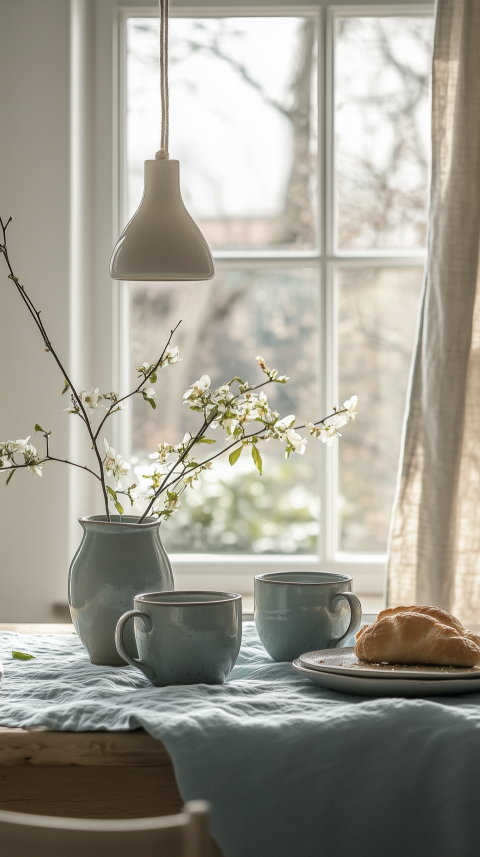 Scandinavian Breakfast Nook with Stoneware Mugs and Linen Tablecloth