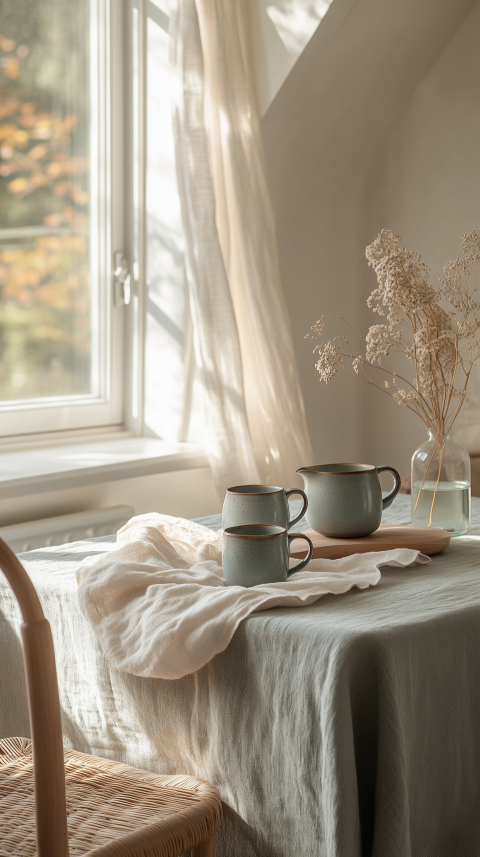 Cozy Scandinavian Breakfast Nook with Stoneware Mugs and Linen Details