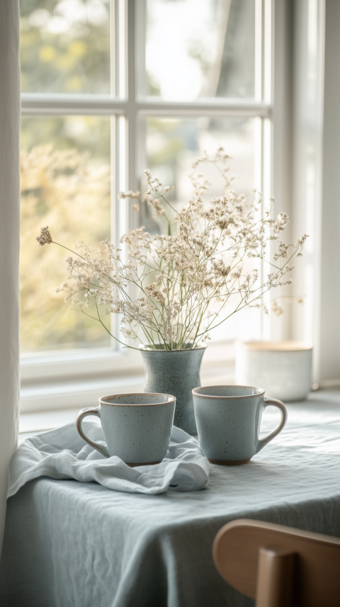 Calming Scandinavian Breakfast Nook with Stoneware Mugs and Linen Details