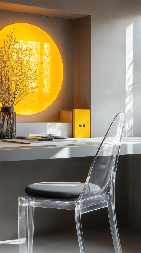 Sophisticated Office Nook with Floating Desk and Acrylic Chair