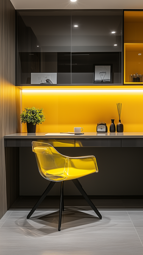 Vibrant Office Nook with Floating Desk and Acrylic Chair Details