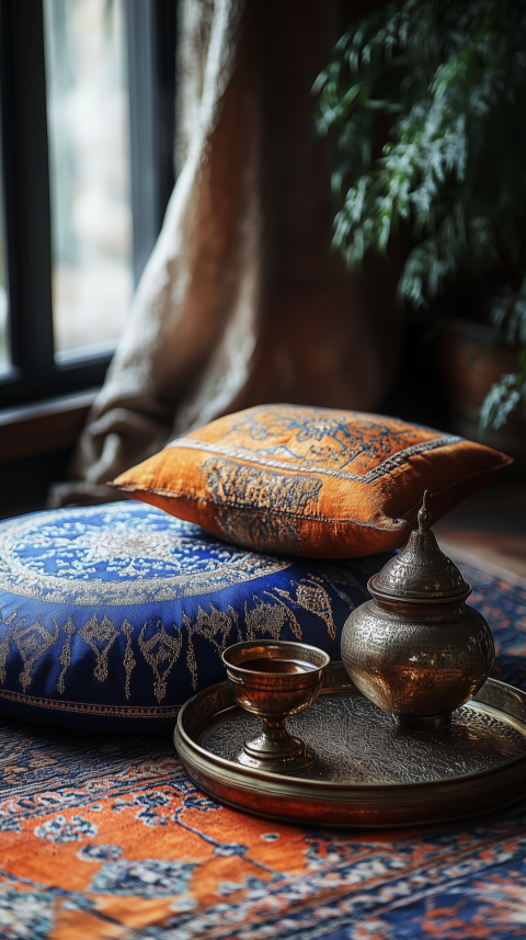 Vibrant Moroccan Pouf with Embroidered Textiles and Brass Trays