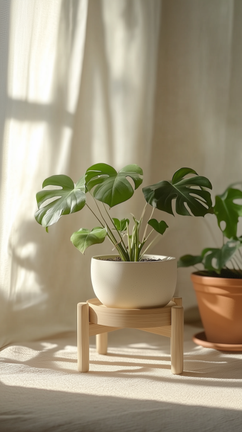 Minimalist Plant Stand with Monstera Deliciosa and Terracotta Pots