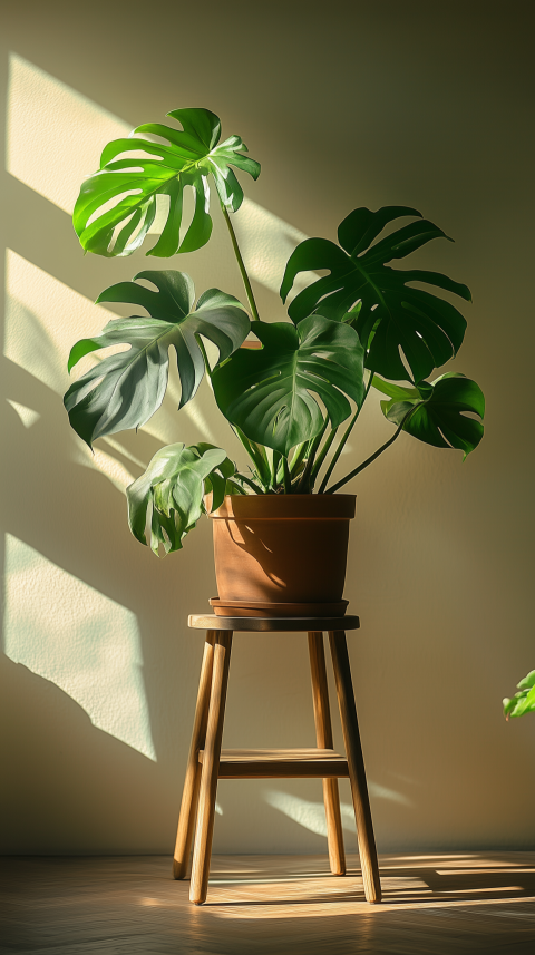 Calming Plant Stand with Monstera and Terracotta Pots