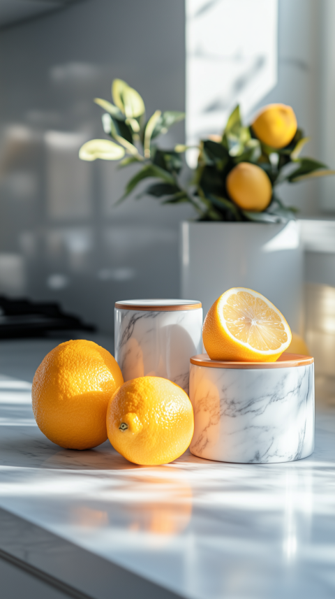 Modern Kitchen Counter with Marble Canisters and Citrus Fruits