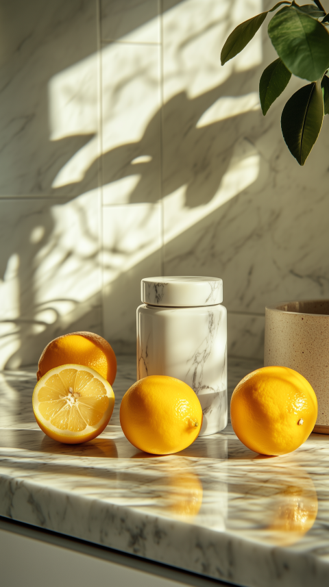 Vibrant Kitchen Counter with Marble Canisters and Citrus Fruits