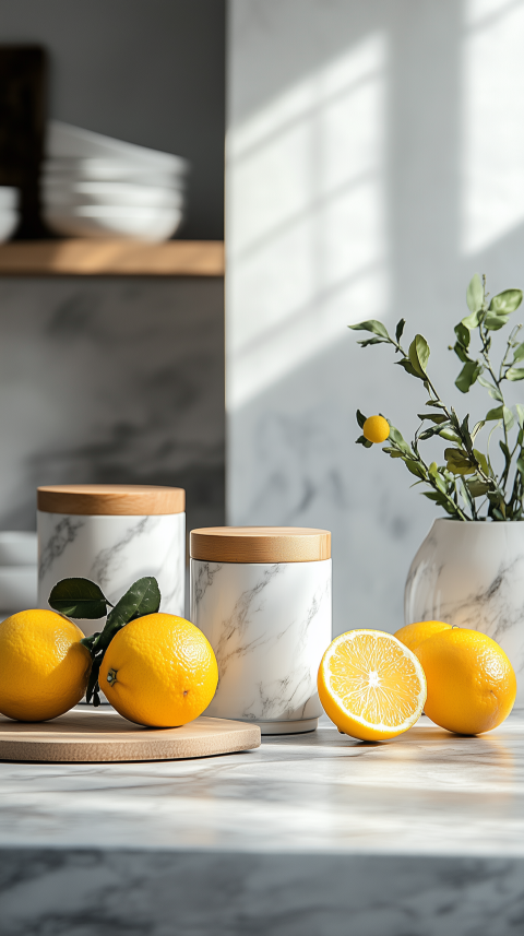Fresh Kitchen Counter with Marble Canisters and Citrus Fruits