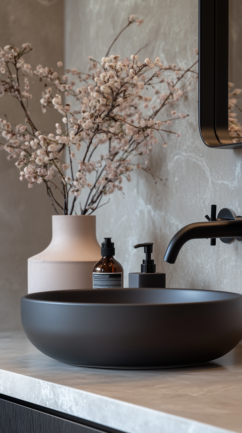 Sleek Bathroom Vanity with Black Matte Fixtures and Soap Dispensers