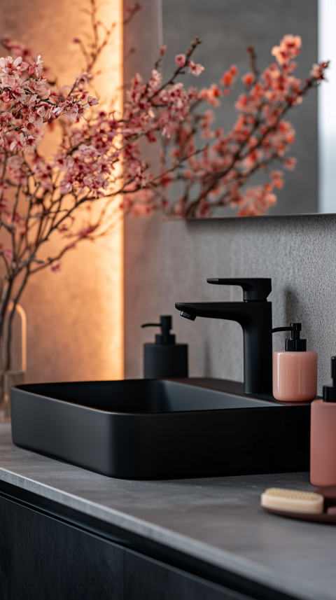 Sophisticated Bathroom Vanity with Black Matte Fixtures and Soap Details