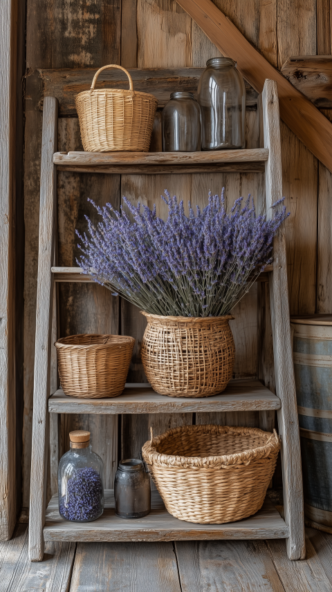 Natural Rustic Ladder Shelf with Woven Baskets and Lavender