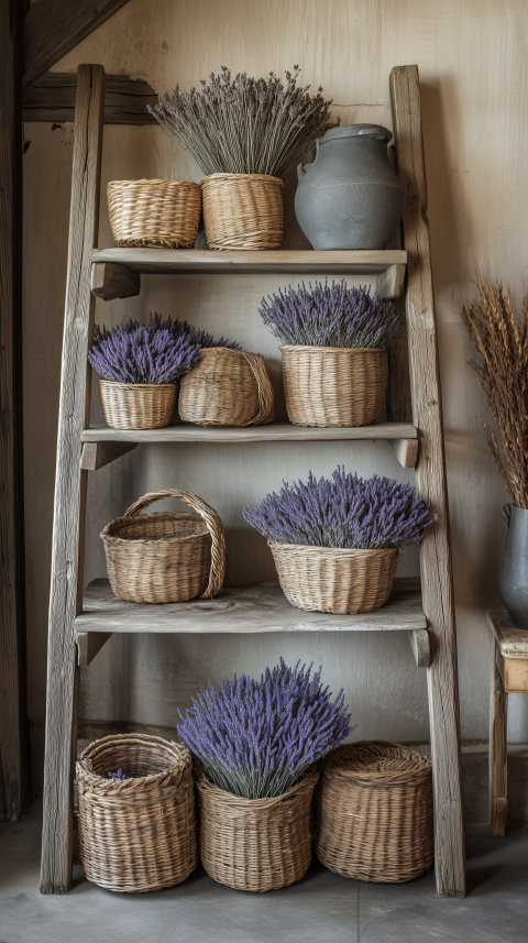 Balanced Rustic Ladder Shelf with Woven Baskets and Lavender Details