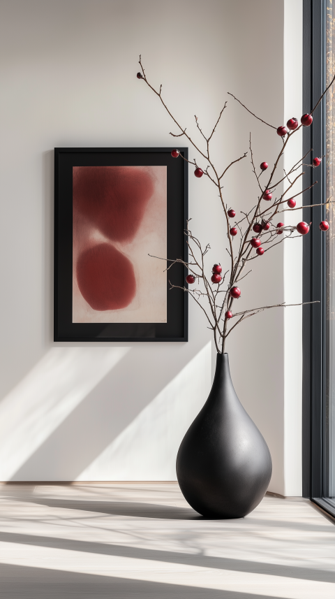 Modern Gallery Wall with Black-Framed Abstracts and Sculptural Vase