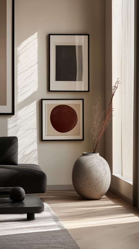 Artistic Gallery Wall with Black-Framed Abstracts and Sculptural Vase