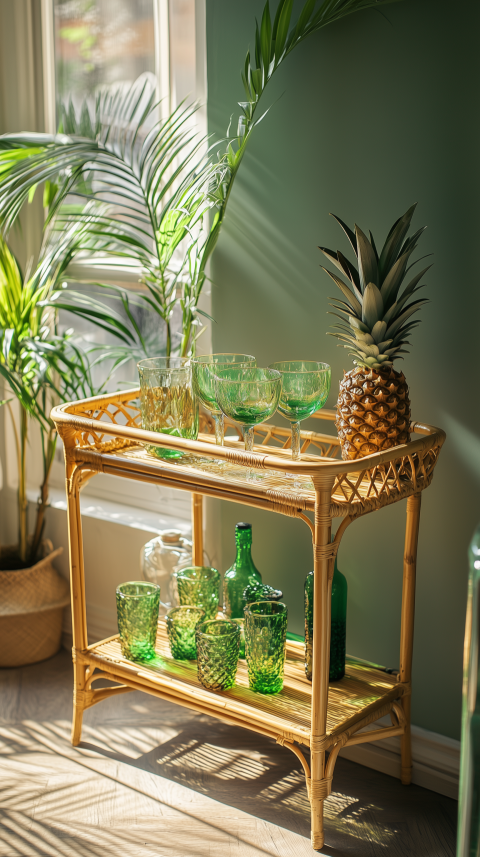 Tropical Bar Cart with Rattan Details and Pineapple Glasses