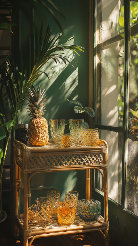 Vibrant Tropical Bar Cart with Rattan and Pineapple Glasses