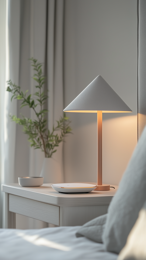 Minimalist Nightstand with Wireless Charger and Geometric Lamp