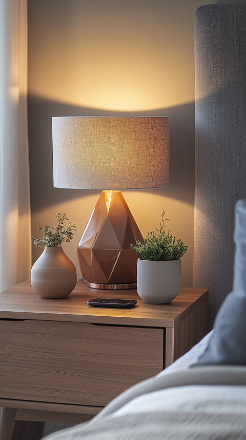 Functional Nightstand with Wireless Charger and Geometric Lamp Details