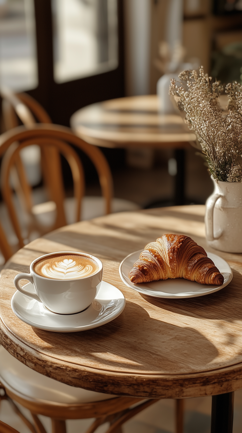 Parisian Bistro Table with Croissant and Café au Lait