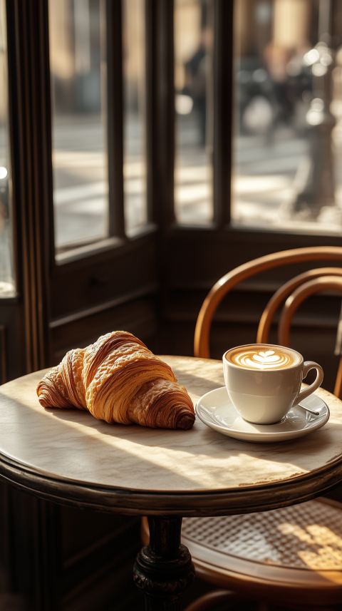 Cozy Parisian Bistro Table with Croissant and Café au Lait