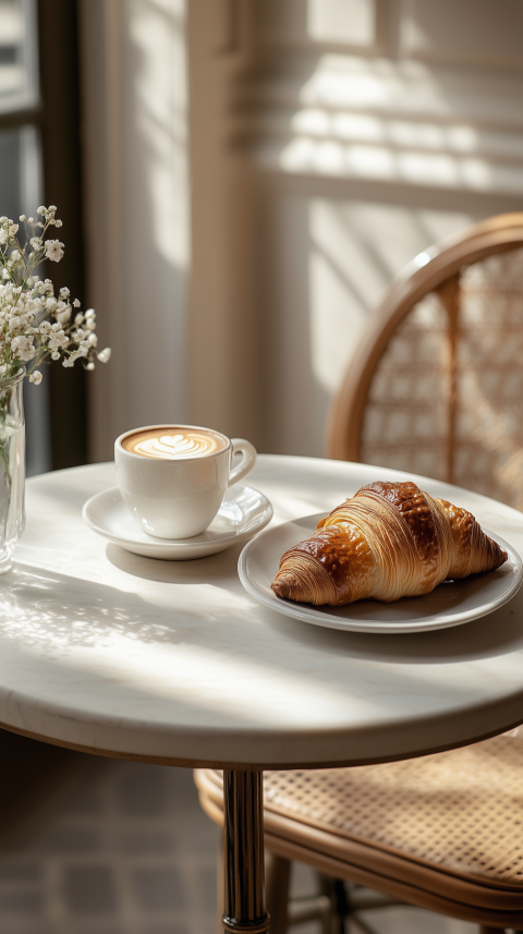 Elegant Parisian Bistro Table with Croissant and Café au Lait