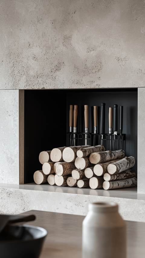 Sophisticated Fireplace with Stacked Birch Logs and Minimalist Toolset