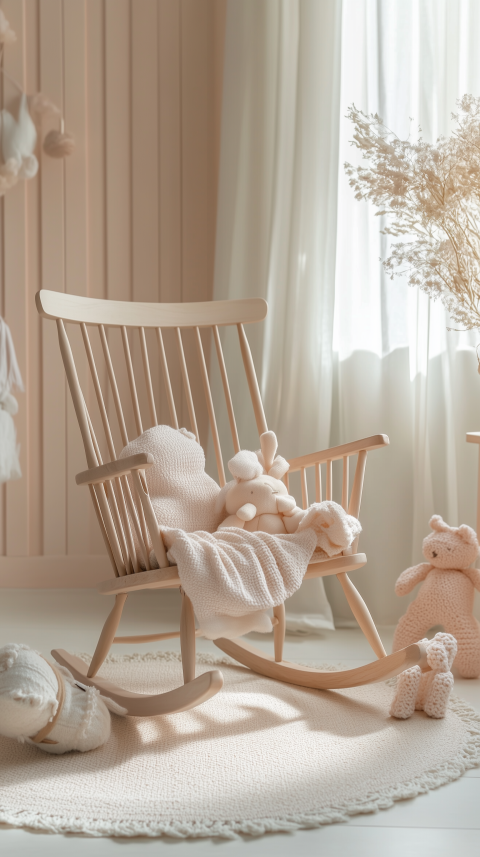 Cozy Scandinavian Nursery with Rocking Chair and Knitted Toys
